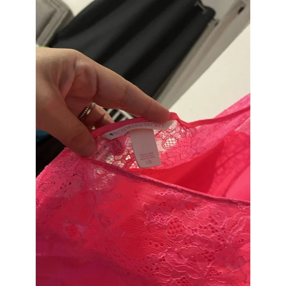 Victorias Secret Hot Pink Satin‎ Lace Slip Dress Crossback Negligee Bow